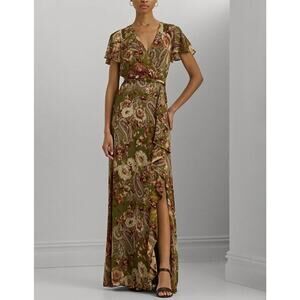 Lauren Ralph Lauren Women's Belted Floral Gown Dress Farm Olive Size 2